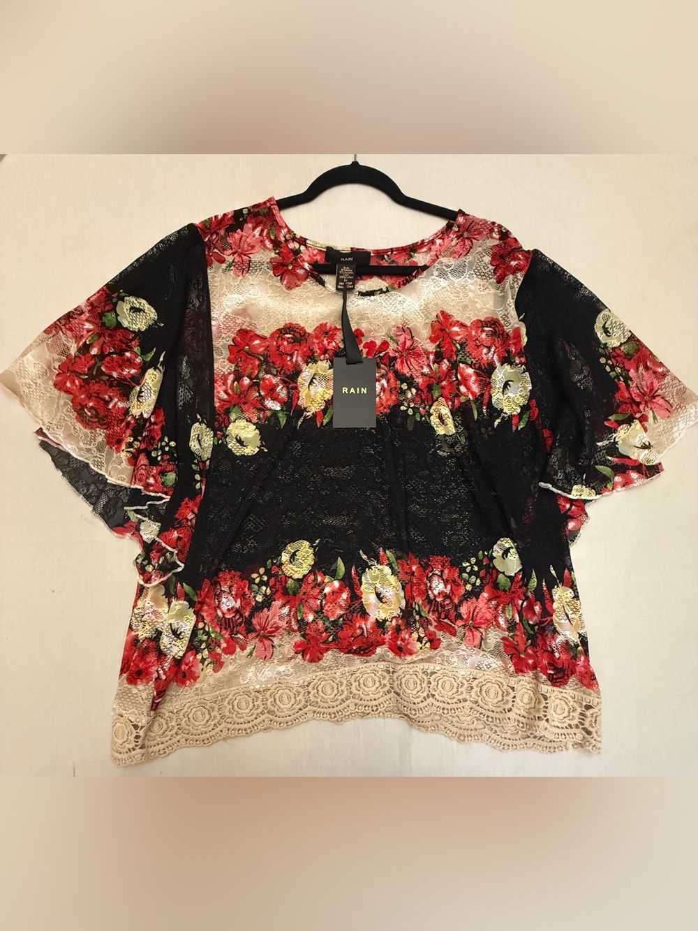 RAIN Black Floral Lace Blouse with Red Rose Print